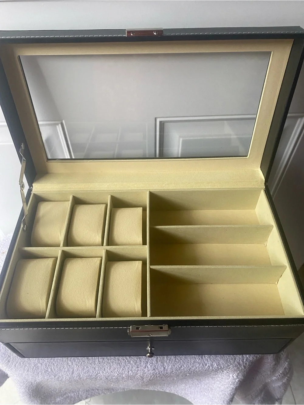 Black Jewelry/Watch Organizer Box with See-Through Top White Stiching EUC
